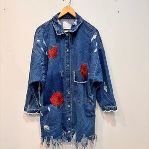 Zara Trafaluc Distressed Embroidered Oversized Duster Jacket Women’s Size S/M